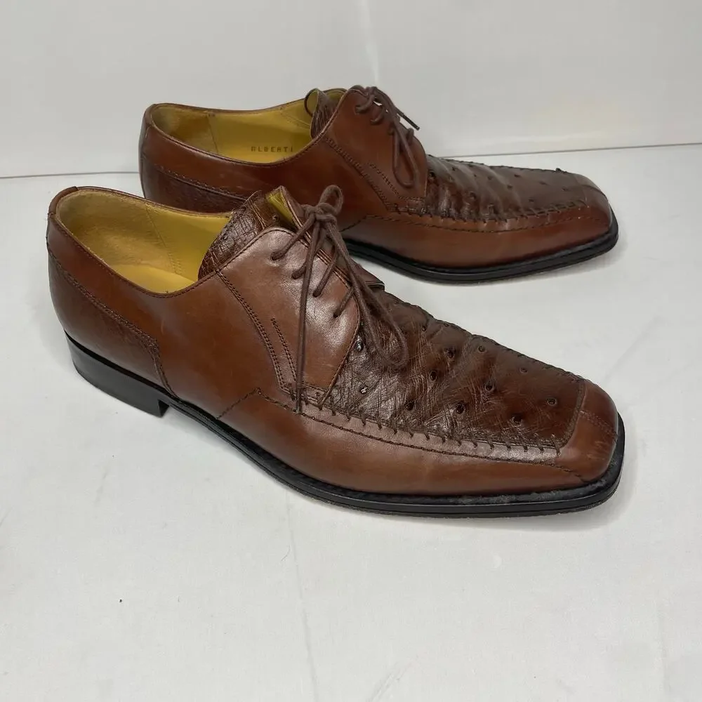 Mezlan Ostrich Leather Alberta Oxford Dress Shoes, Men's 9.5M Brown‎ Luxury